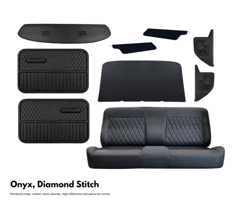 Collection of black car interior accessories with diamond stitch pattern on a white background