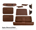 Brown leather car interior set with diamond stitch pattern on a white background