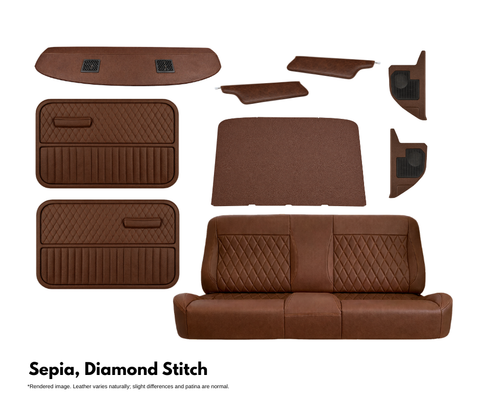 Brown leather car interior set with diamond stitch pattern on a white background