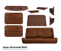 Brown leather car interior components with horizontal stitching on a white background