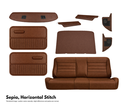 Brown leather car interior components with horizontal stitching on a white background