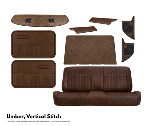 Brown leather car interior set with vertical stitching on a white background