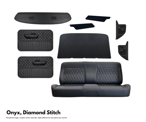 Collection of black car interior accessories with diamond stitch pattern on a white background