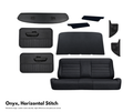 Set of black car interior accessories with 'Onyx, Horizontal Stitch' text on a white background.