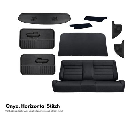 Set of black car interior accessories with 'Onyx, Horizontal Stitch' text on a white background.