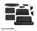 Set of black car interior accessories with 'Onyx, Vertical Stitch' text on a white background.