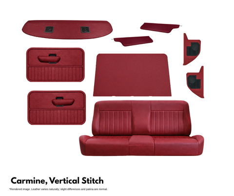 Red car interior accessories including seat covers and floor mats on a white background.