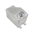 A rectangular aluminum engine coolant reservoir tank with a circular cap and mounting tabs, shown on a plain white background.