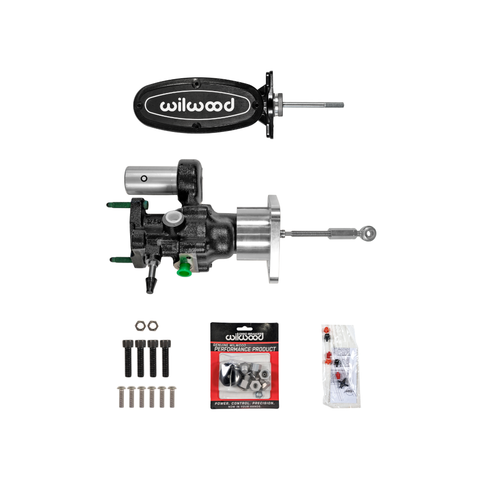 A Wilwood brake kit and hardware set displayed on a clean white background, including a black brake caliper, a silver brake rotor, mounting hardware, washers, and a packaged brake booster.