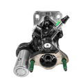 An automotive power steering pump assembly with a black cast metal body, silver metal mounting bracket and cylinder, green threaded fittings, and a clear fluid reservoir with a green cap, isolated on a white background.