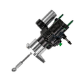 A black and silver metal automotive component with green plastic connectors, shown on a plain white background.