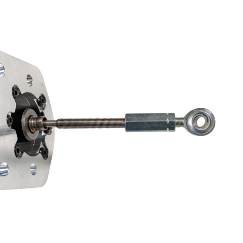 A metal mechanical hardware component featuring a threaded rod with a spherical eye bolt, a hexagonal spacer, and a silver bracket with pre-drilled screw holes, shown against a solid white background.