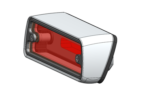 A 3D digital rendering of a rectangular vehicle light, likely a taillight or brake light, featuring a white outer housing, a red illuminated lens, and black structural elements, shown on a plain white background.