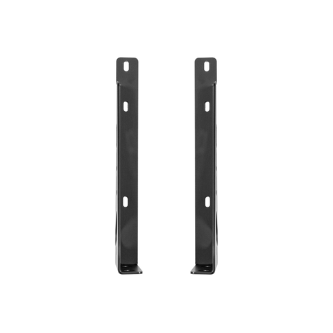 Two black metal mounting brackets shown upright on a plain white background.