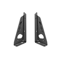 A pair of black metal mounting brackets with pre-drilled holes and a debossed logo, shown on a plain white background.