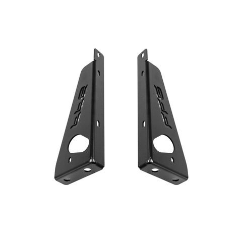A pair of black metal mounting brackets with pre-drilled holes and a debossed logo, shown on a plain white background.