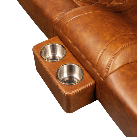 Brown Leather bench seat cup holder with silver cup inserts 