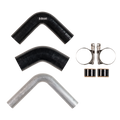 A set of automotive hoses and clamps on a white background, including two black corrugated silicone elbow couplers, one silver metal elbow coupler, and two black-and-silver hose clamps.