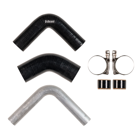 A set of automotive hoses and clamps on a white background, including two black corrugated silicone elbow couplers, one silver metal elbow coupler, and two black-and-silver hose clamps.