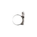 A metallic bicycle or hose clamp with a silver finish, featuring a circular ring and a vertical adjustment bolt, isolated on a solid white background.