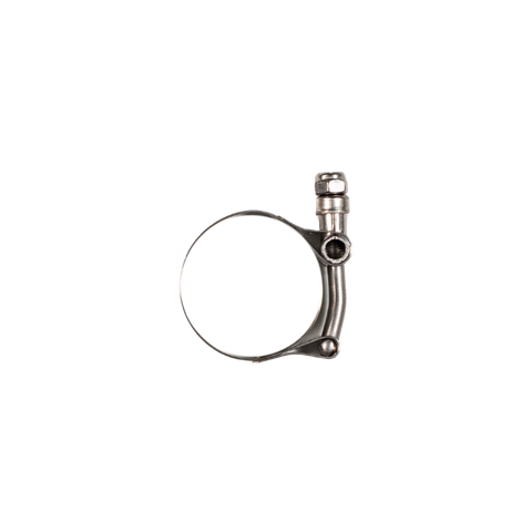 A metallic bicycle or hose clamp with a silver finish, featuring a circular ring and a vertical adjustment bolt, isolated on a solid white background.