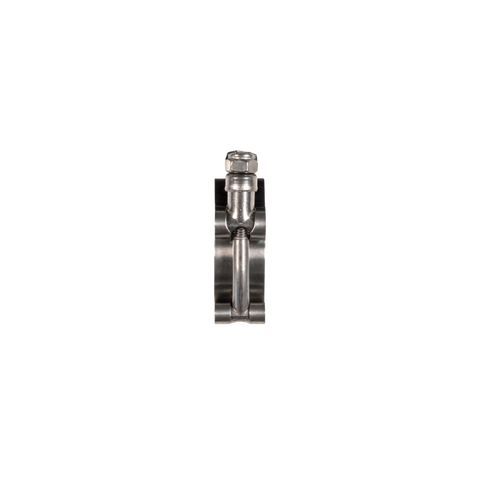 A stainless steel mechanical clamp or connector with a hex nut on top, shown vertically against a solid white background.