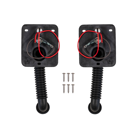 Two black metal and rubber door stopper hardware pieces with coiled spring supports and four small silver screws, shown on a plain white background with red circles highlighting the mounting tabs on each piece.