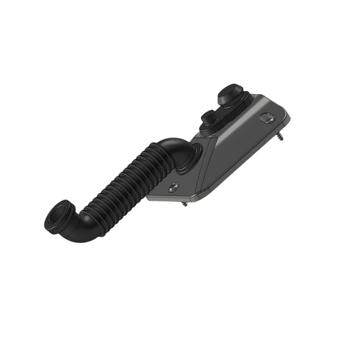 A black flexible corrugated hose adapter with a molded plastic end piece and two small knobs, shown on a plain white background.