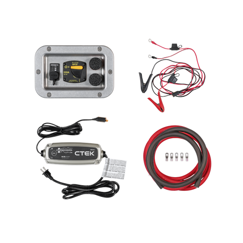 Battery charger and cables on a white background