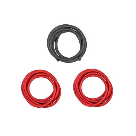 Two coiled red wires and one coiled black wire on a white background