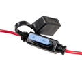 Black electrical connector with red wire and digital display on a white background