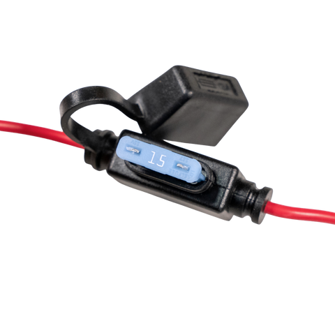 Black electrical connector with red wire and digital display on a white background