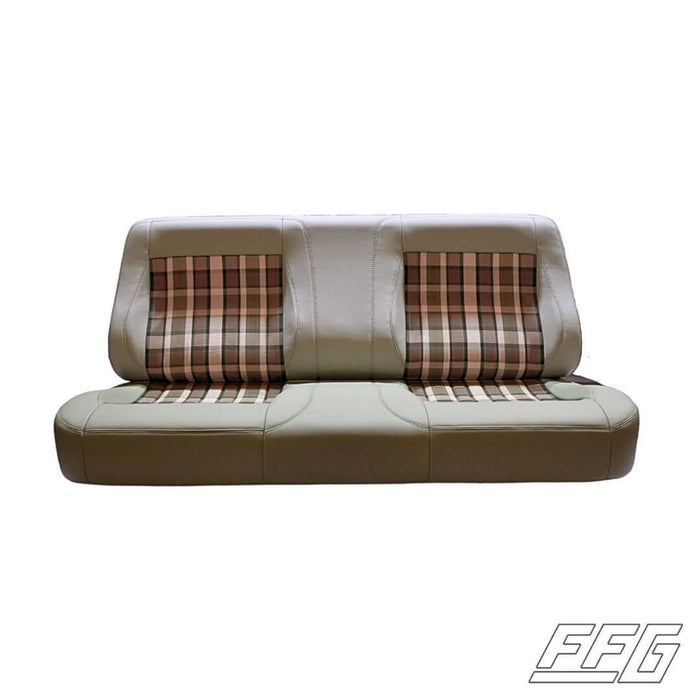 1973-79 Custom Upholstered Bolsters Bench Seat Grey vinyl and brown plaid