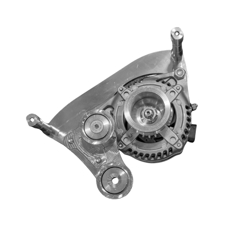 An automotive alternator with a metal pulley and belt drive system, shown from a top-down perspective on a solid white background.