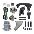 A complete automotive parts kit laid out on a white background, including a green and black drive belt, alternator, AC compressor, metal pipe, brackets, and hoses.