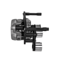 A mechanical hand part with black h and silver metal components, isolated on a solid white background.