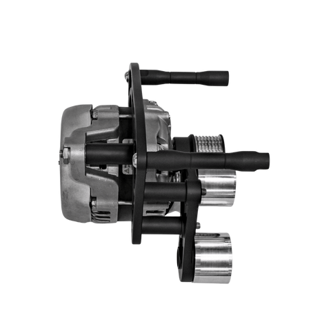 A mechanical hand part with black h and silver metal components, isolated on a solid white background.