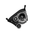 An automotive alternator and pulley system, featuring a black plastic housing, silver metal components, and black belts, isolated on a white background.