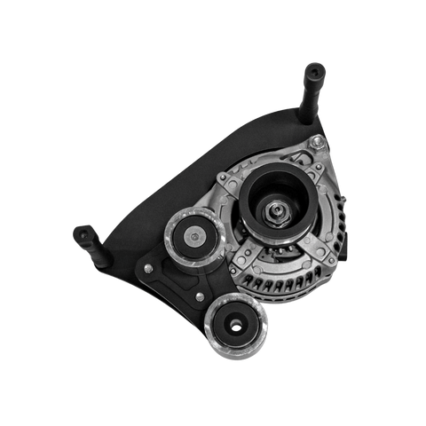 An automotive alternator and pulley system, featuring a black plastic housing, silver metal components, and black belts, isolated on a white background.
