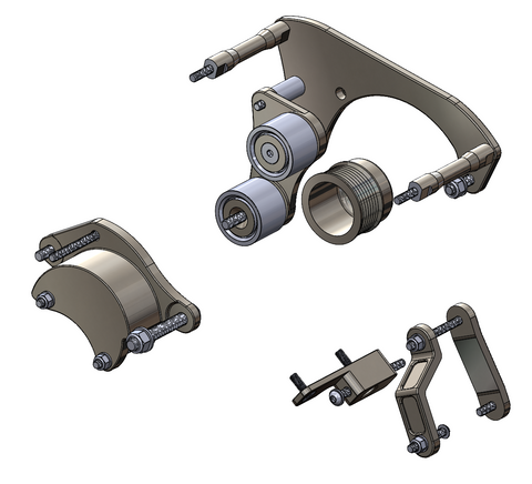 Four views of a mechanical suspension or steering knuckle assembly component, shown in a clean 3D exploded-style rendering on a white background.