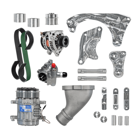 A complete automotive parts kit laid out on a white background, including an alternator, AC compressor, pump assembly, belts, hoses, metal brackets, studs, bolts, and other mounting hardware.