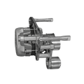 A metallic mechanical component with cylindrical parts and a curved handle, shown on a plain white background.