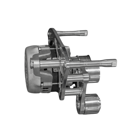 A metallic mechanical component with cylindrical parts and a curved handle, shown on a plain white background.