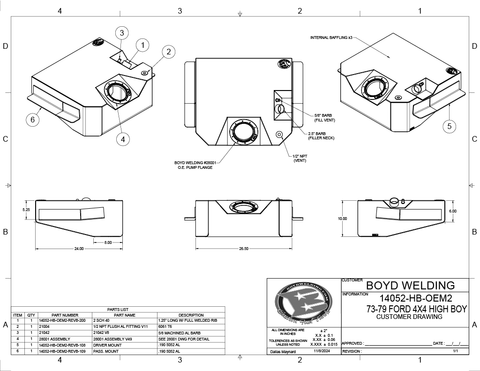 Technical drawing of a Ford Highboy COYOTE SWAP Fuel Tank and Fuel Pumpwith labeled parts and specifications.