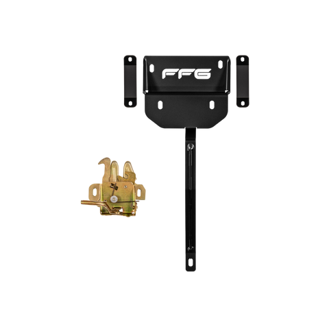 Black bracket with a mounting pole and a small gold-colored latch mechanism, shown on a solid white background.