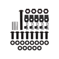 A hardware kit with black  metal components, including screws, nuts, washers, clips, and a silver metal sleeve, arranged neatly on a solid white background.