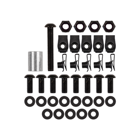 A hardware kit with black  metal components, including screws, nuts, washers, clips, and a silver metal sleeve, arranged neatly on a solid white background.