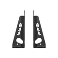 a pair of black transmission cooler mount with the FFG logo laser cut into them
