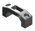 A 3D CAD rendering of a curved metal bracket or structural support piece with two circular holes and a rectangular cutout, shown on a plain white background.
