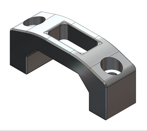 A 3D CAD rendering of a curved metal bracket or structural support piece with two circular holes and a rectangular cutout, shown on a plain white background.